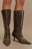 Astra Patent Faux Leather Buckle Boot - Khaki