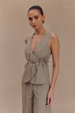 Brandi Linen Sleeveless Wrap Top - Pebble