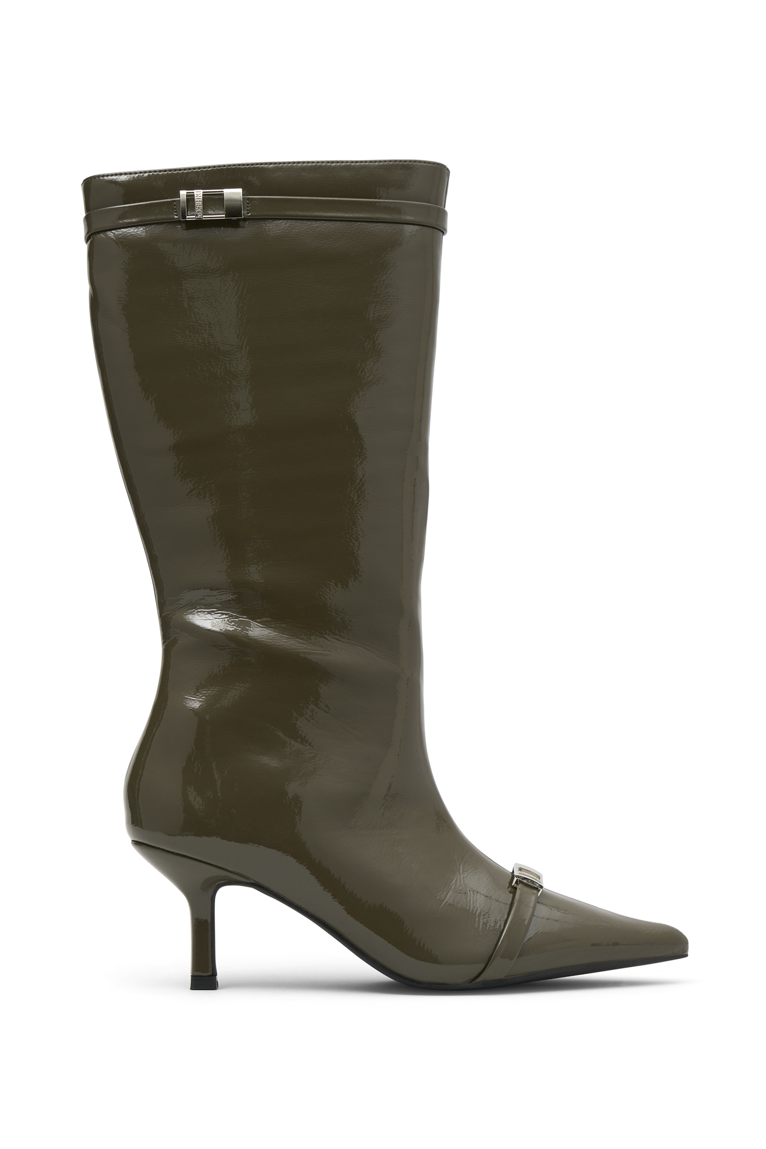 Astra Patent Faux Leather Buckle Boot - Khaki