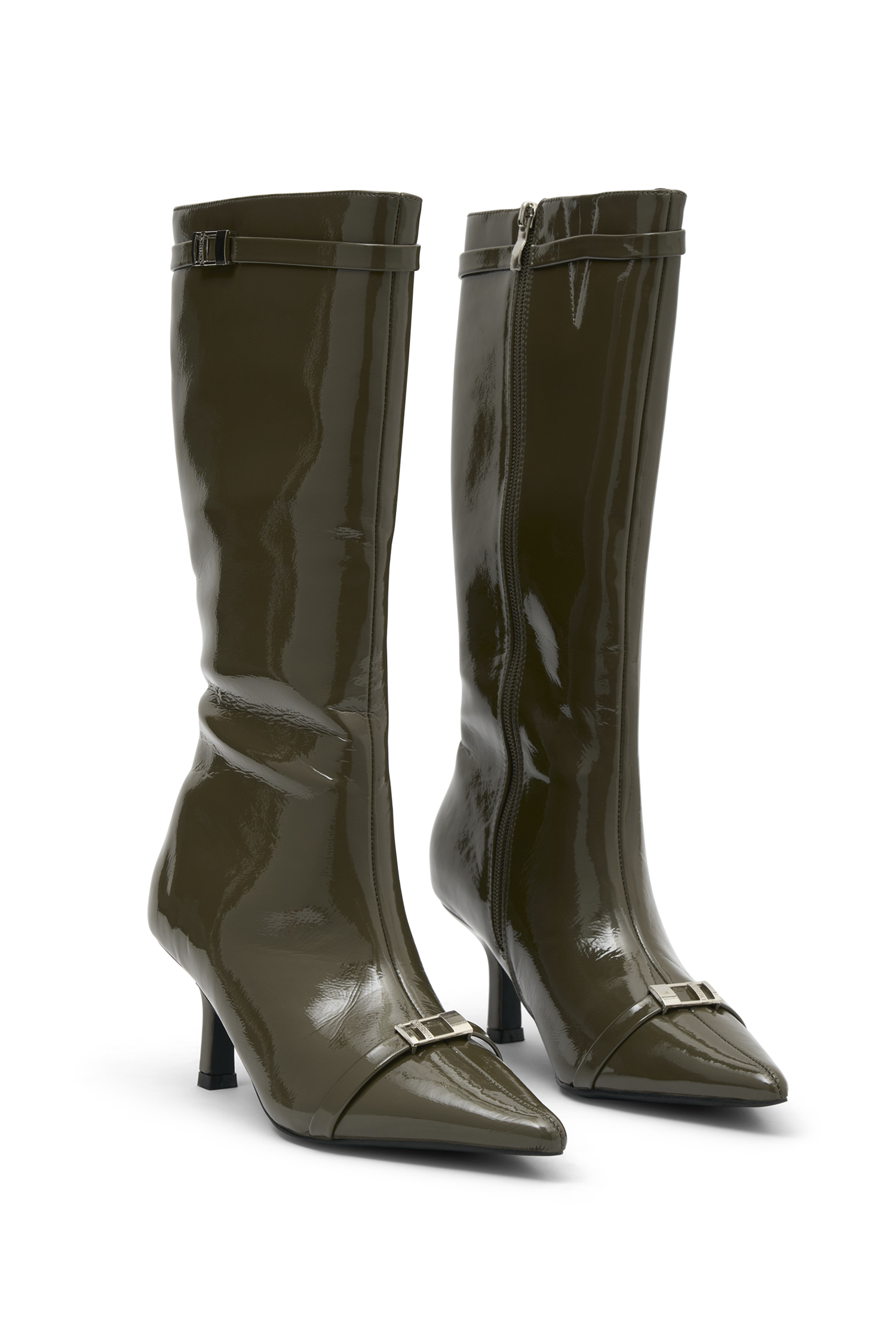 Astra Patent Faux Leather Buckle Boot - Khaki