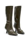 Astra Patent Faux Leather Buckle Boot - Khaki