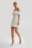 Helena Tweed Off Shoulder Mini Dress - White Check