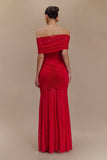 Caspian Slinky And Mesh Off Shoulder Maxi Dress - Ruby