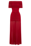 Caspian Slinky And Mesh Off Shoulder Maxi Dress - Ruby