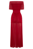 Caspian Slinky And Mesh Off Shoulder Maxi Dress - Ruby